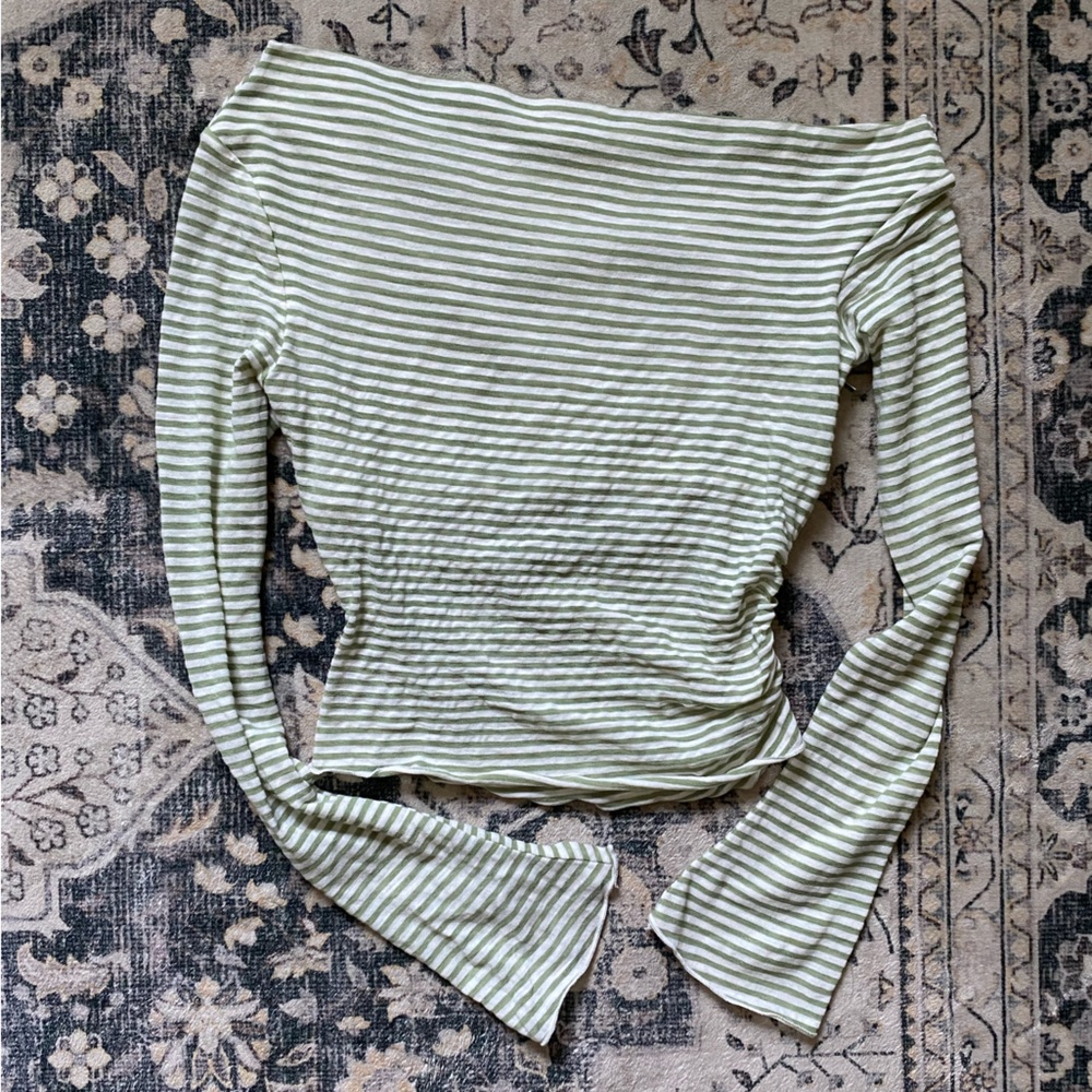 Princess Polly Green and White Striped off the shoulder Long Sleeve Top